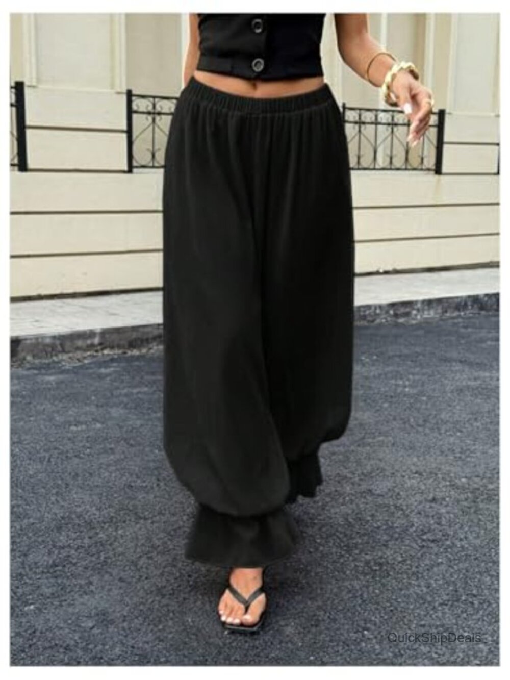 Wide Leg Baggy Balloon Pants Ruffle Hem Elastic Waist Flowy Trousers - Picture 4 of 5
